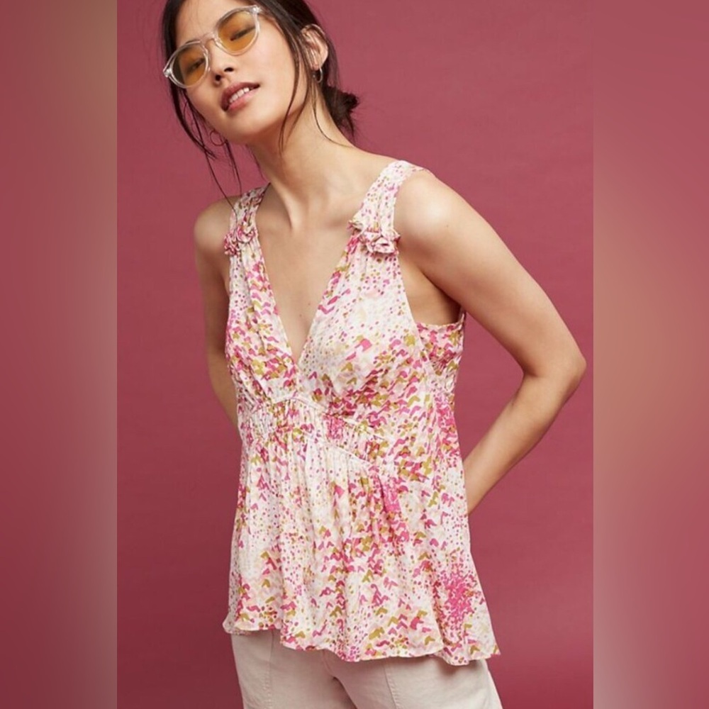 NWT Anthropologie Maeve Bretta Gathered Pink and Cream Floral Tank Top